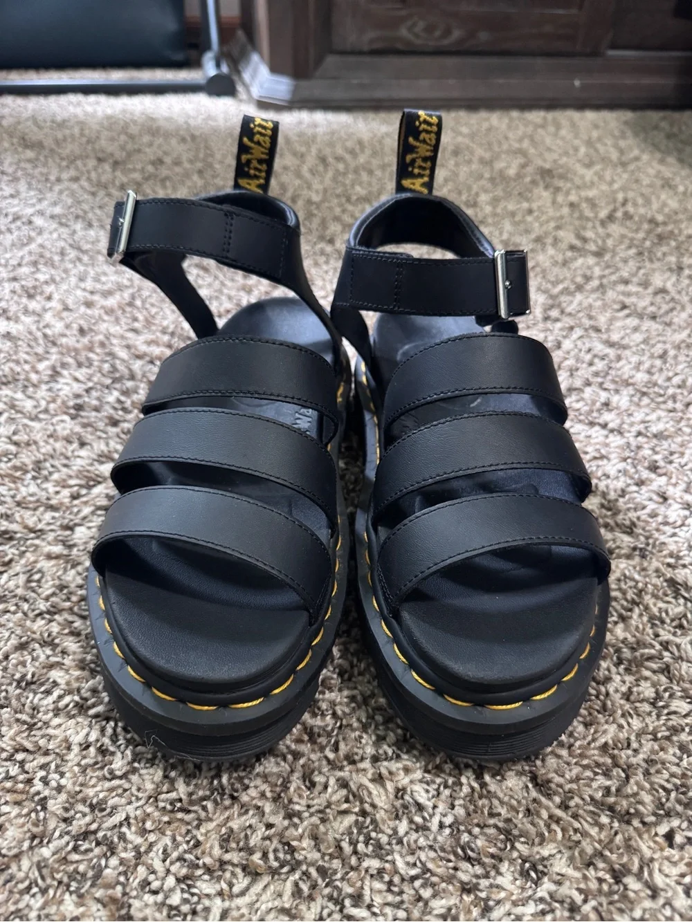 Dr. Martens AirWair Black Platform Sandals with Yellow Stitching